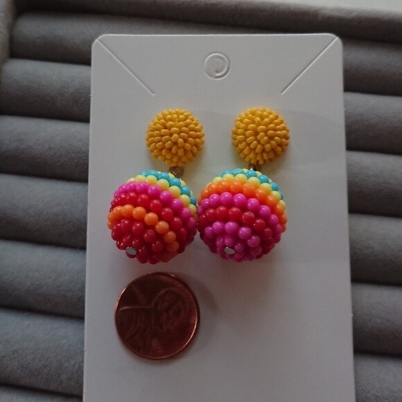 Seed Beaded Ball Drop Earrings - yellow/yellow/red yellow/yellow/pink color comb - Picture 2 of 6